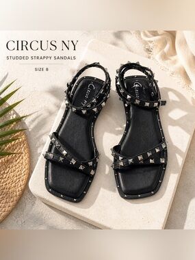 Circus NY Studded Strappy Sandals Black Size 8 Edgy Flat Gladiator